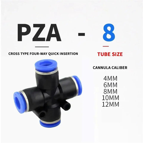 PZA 8 cross type four-way quick insertion connector for 10mm tubing and hose, pneumatic parts joint for air systems.