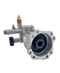 Front view of SRMV24G28D-EZ Replacement High Pressure Washer Pump for 2800 PSI Two Point Four GPM Brass Unloader Detergent Outlet Thermal Relief Valve For Home Use Pump showing inlet and outlet components