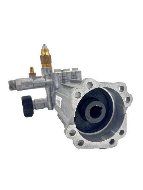 Front view of SRMV24G28D-EZ Replacement High Pressure Washer Pump for 2800 PSI Two Point Four GPM Brass Unloader Detergent Outlet Thermal Relief Valve For Home Use Pump showing inlet and outlet components