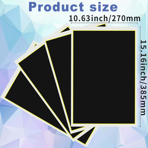 Front view: four black laser engraving marking papers with yellow borders, 39x27 cm