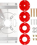 Heavy Duty Aluminum Router Table Insert Plate Kit Accompanied By Four Vivid Red Swap Rings And Sixteen Secure Mounting Bolts.