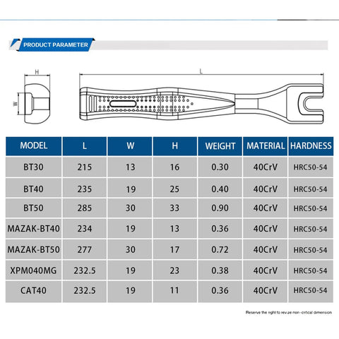 CAT40 CAT50 BT40 Pull Stud Wrench for Mazak Spindle Tools product parameters and dimensions table