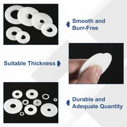 Premium M3 Nylon Flat Washers 155 Pack White Plastic Plain Spacers For Screws And Bolts Garden Plumbing Diy No Sweat Repairs showing various sizes and thicknesses.
