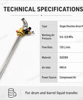 Pneumatic Drum Pump For Quick Oil Transfer Stainless Steel 304 Construction With High Flow 130 Liters Per Minute Pressure Gauge And Safety Valve SUS304 Tubing Air Operated Drum Transfer Pump For Easy Drums technical specifications