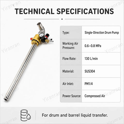 Pneumatic Drum Pump For Quick Oil Transfer Stainless Steel 304 Construction With High Flow 130 Liters Per Minute Pressure Gauge And Safety Valve SUS304 Tubing Air Operated Drum Transfer Pump For Easy Drums technical specifications