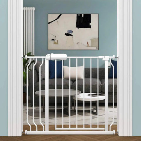 Extra Wide Pressure Mounted Baby Gate Walk Through for Doorways and Kitchen with Extension Fits 86 to 98 cm in living room setting