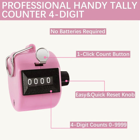 Dang Solid Four Digit Mechanical Tally Clicker Counter In Bright Pink With Two Heavy Duty Nylon Lanyards For Tracking Sports Drills Knitting Stitches Golf Rounds And Fishing Lines Pure Manual Gear No Batteries Or Recharging Cables Needed Ever showing a 4-digit counter with click button and reset knob.