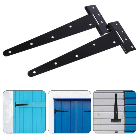 Heavy Duty T Shape Gate Hinge With Ball Bearing For Your Home Doors 12 Inch, black finish on blue and white doors