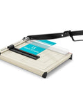 Front view of 12-inch Ecraft guillotine paper cutter with safety guard, magnetic guide and metal base