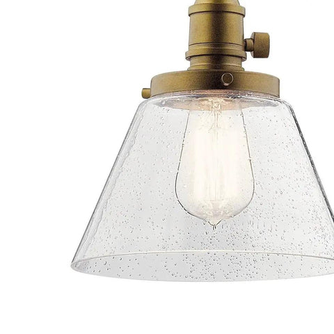 Avery Cone Mini Pendant In Olde Bronze With Clear Seeded Glass 8.75 Inch One Light Go To Kitchen Island Or Dining Room Vintage Industrial Style Warm Ambient Glow Great For Clusters Or Solo Install close-up view