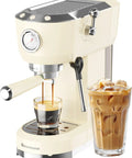 Home Barista Espresso Machine Generating Solid 20 Bar Pressure, Instant Heat Activation, Adjustable Steam Wand Crafting Hella Silky Latte Art, 42 Oz Tank, Cream with brewed espresso and iced latte.