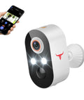 Wireless Outdoor Security Camera 1080P With Battery Power displayed next to smartphone app interface