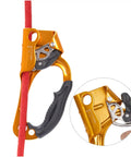 Right Hand Orange Rope Ascender For 8-13mm Rope, Heavy Duty Hand Ascender with close-up of aluminum clamp and grip detail