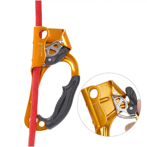 Right Hand Orange Rope Ascender For 8-13mm Rope, Heavy Duty Hand Ascender with close-up of aluminum clamp and grip detail