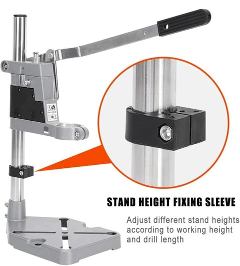 Portable Floor Drill Press Stand With Aluminum Alloy Frame And Large Anti-Shake Base For Hand Tools Repair, height adjustment mechanism close-up.