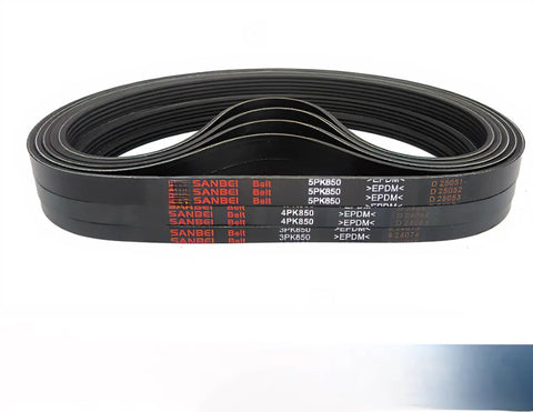 Heavy Duty EPDM Multi Ribbed Drive Belt For Industrial Machinery And Generators, Slip Resistant Power Transmission Replacement, Tough As Nails 10Pk Series Workhorse that shows coils of black EPDM multi ribbed belts, sizes 3PK850 and 4PK850.