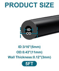 Silicone Vacuum Hose For Automotive 5mm ID Five Feet Long Black Heavy Duty High Temperature Vacuum Line 11mm OD Flexible Durable Silicone Tube Built For Car Engines, showing size dimensions.