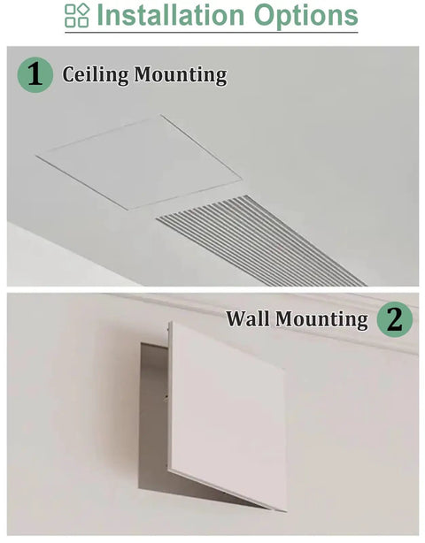 Installation options for Straight Up Sleek Paintable Attic Access Door For Drywall Ceiling And Plumbing Inspection Panel, showing ceiling and wall mounting.