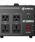 Front view of Heavy Duty 3000W Voltage Converter Transformer with outlets, power switch, CE certified for global appliances.