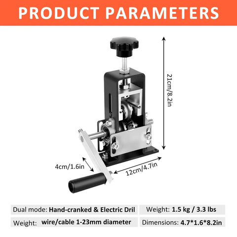 Manual Wire Stripping Machine For 1 To 23 Mm Copper Wire, Drill Powered And Hand Crank Dual Drive, dimensions shown