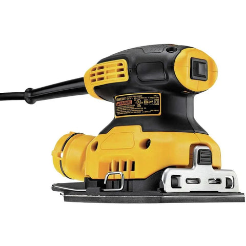 Grab And Go Palm Sander 1/4 Sheet, 14,000 OPM, 2.3 Amp Electric Sander with Rubber Overmold Grip, yellow side view.
