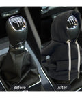Before and after of car shift knob with Gear Shift Hoodie Cover For Cars, Dope Mini Hoodie For Shifter Knob installed