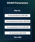 Compatibility list showing fitment for Hyundai Santa Fe 2015-2019 and Kia Sorento 2016-2020 for non-ABS applications.
