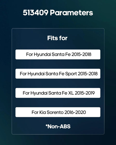 Compatibility list showing fitment for Hyundai Santa Fe 2015-2019 and Kia Sorento 2016-2020 for non-ABS applications.