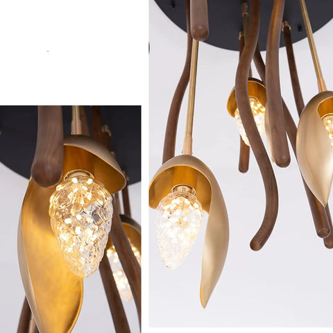 Sleek Three Light Solid Wood Pendant Lamp With Energy Saving Led Fixtures Postmodern Minimalist Hanging Drop Light close-up of golden and crystal shades