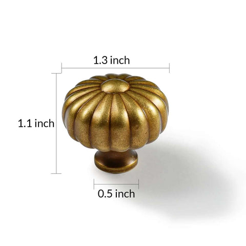 Four Pack Solid Brass Pumpkin Cabinet Knobs For Kitchen Drawers And Dressers Vintage Antique Copper Hardware That Hits Different On Modern Home Styles, 1.3 inch diameter, 1.1 inch height.