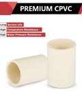 100 Pack CPVC Coupling Fittings 1 Inch Slip X Slip Heavy Duty Plumbing Connectors For Hot And Cold Water Distribution Corrosion Resistant Piping 400 PSI Working Pressure Pro Grade Adapter Set showing two premium CPVC connectors.