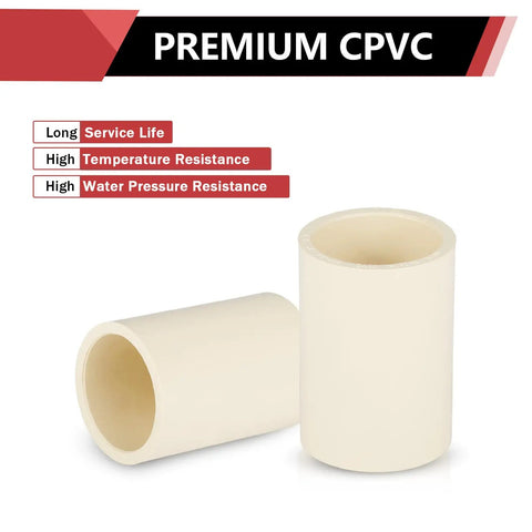 100 Pack CPVC Coupling Fittings 1 Inch Slip X Slip Heavy Duty Plumbing Connectors For Hot And Cold Water Distribution Corrosion Resistant Piping 400 PSI Working Pressure Pro Grade Adapter Set showing two premium CPVC connectors.