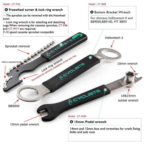 All In One 23 Piece Bike Tool Kit With Durable Storage Case For Home Maintenance And On The Go Repairs showing sprocket remover, lock ring, and pedal wrench.