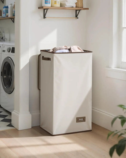 Big Ol 100L Large Laundry Basket With Removable Bag And Lid, off white, in laundry room near window