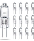 Close-up of G4 Halogen Bulbs 12 Pack 12V 20W JC T3 Bi Pin Dimmable Warm White 2700K Lights with 2 Prong Design