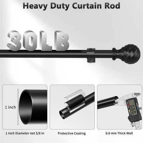 Heavy Duty Curtain Rod For Sliding Glass Door Adjustable 34 To 93 Inches 1 Inch Diameter Matte Black Finials No Sag Up To 30 Lbs Ideal Window Treatment, featuring close-up details of construction and design features.