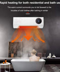 Top Tier Wall Mounted 2000W Ceramic PTC Heater For Bathrooms And Bedrooms With Remote Control Timer HD LCD Display And Built In Clothes Drying Rack Features Straight Up Fast Heating And Keeps Your Pad Cozy During Cold Snap mounted above a bathtub with warm air radiating