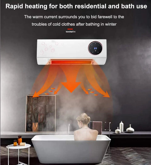Top Tier Wall Mounted 2000W Ceramic PTC Heater For Bathrooms And Bedrooms With Remote Control Timer HD LCD Display And Built In Clothes Drying Rack Features Straight Up Fast Heating And Keeps Your Pad Cozy During Cold Snap mounted above a bathtub with warm air radiating