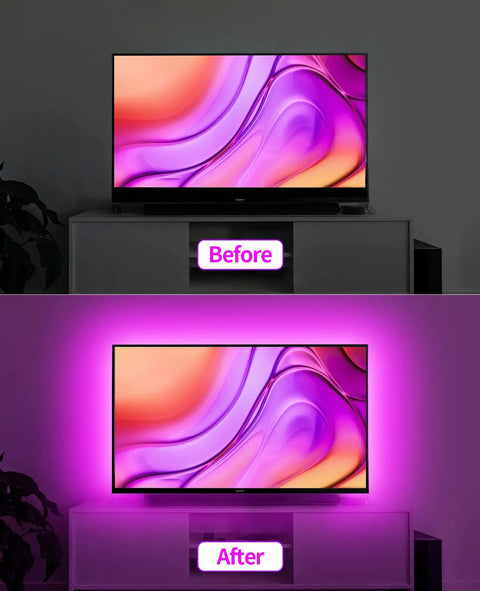 Before and after setup of LED TV Backlight Kit For 32 To 43 Inch Screens With Nine Point Eight Foot USB Powered LED Strip.