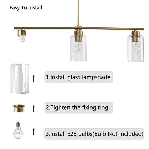 3 Light Kitchen Island Pendant Light Set For Farmhouse Vibe Dining Area With Clear Glass Shades Brushed Brass Modern Pendant Lights step-by-step installation guide