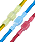 Three insulated nylon female spade wire connectors for 16-14 AWG cables (blue, yellow, red)