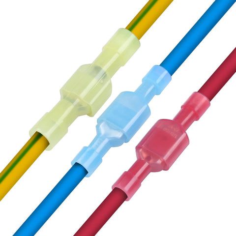 Three insulated nylon female spade wire connectors for 16-14 AWG cables (blue, yellow, red)