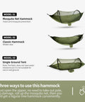 Lightweight One Person Hammock With Mosquito Net Easy Setup Portable Camping Hammock in three configurations, olive nylon.