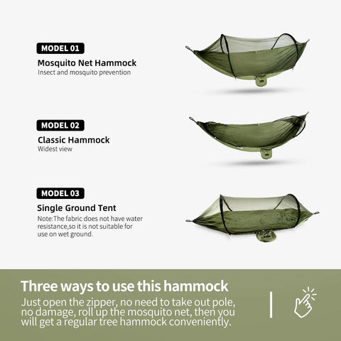 Lightweight One Person Hammock With Mosquito Net Easy Setup Portable Camping Hammock in three configurations, olive nylon.