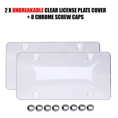Unbreakable License Plate Shields Set Of 2 Clear Bubble Plate Covers With Fastening Screws and Screwdriver Weatherproof Automotive Accessories For Cars, SUVs and Trucks, Adds Security And Sporty Vibe