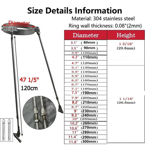 Size details for Rock Solid Stainless Steel Chimney Flue Support Bracket For Wood Stoves And Fireplaces with measurements.