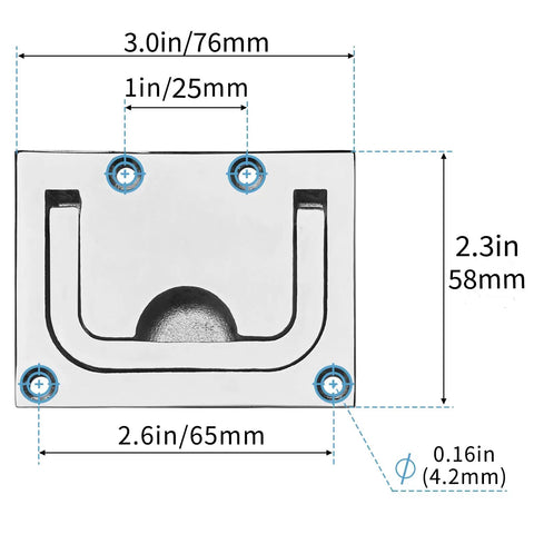 Marine Grade 316 Stainless Steel Heavy Duty Flush Lifting Door Pull Kit With Mount Screws, 3 x 2.3 inches, front view with dimensions