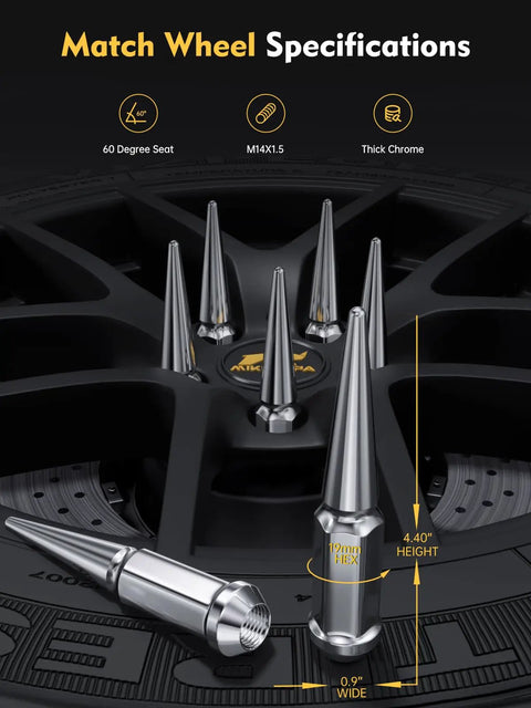 Spike Lug Nuts 32Pcs Set M14x1.5 Chrome Acorn Style with Socket Key Replacement displayed on black aftermarket wheel