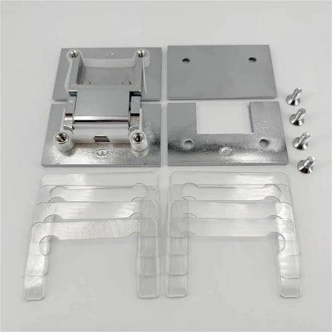 Heavy Duty 180 Degree Brass Glass Door Hinge With Short Back Plate, Chrome Finish, Fits 5/16 To 1/2 Inch Glass Thickness, 1 Piece, Tough Gate Hinge For Interior And Frameless Doors, shown with screws
