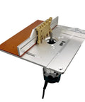 Bully Tough Aluminium Router Table Insert Plate With Wood Milling Flip Board And Backing Gauge Set For Plug And Play Bench Setup features accurate center bushing.
